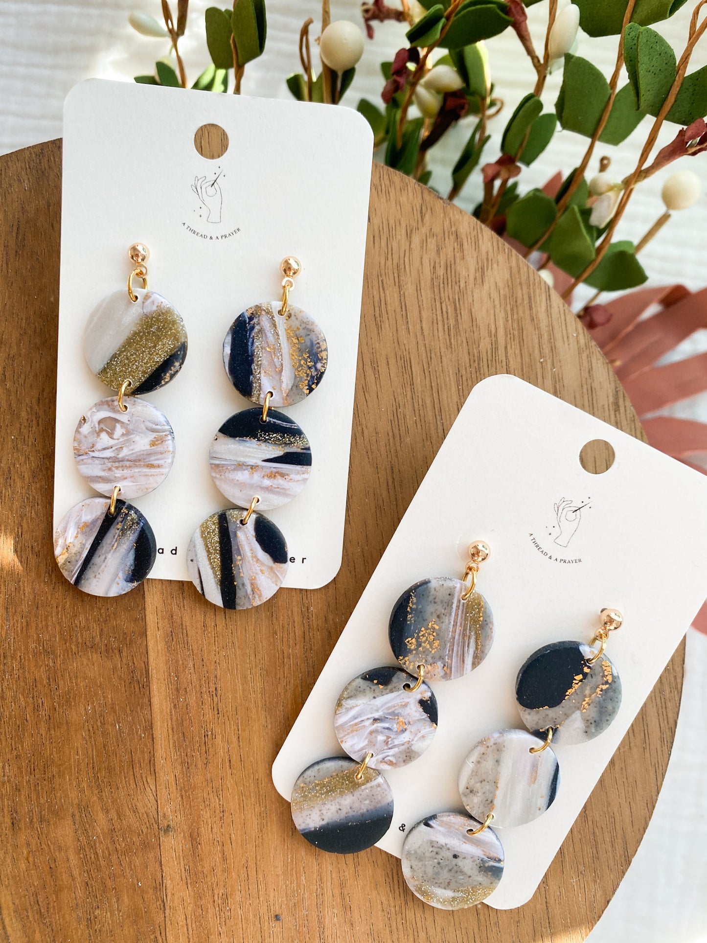 Stacked Style Black and Gold Foil Marble Earrings | Clay Earrings | Statement Earrings | Lightweight
