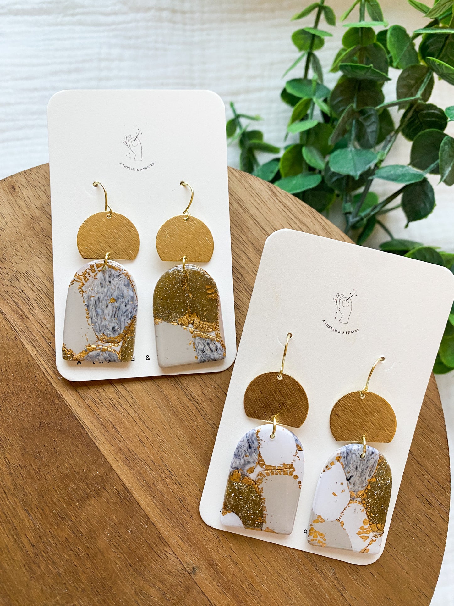 Winter Marble Polymer Clay and Brass Earrings | Dainty Marble Style | Neutral Marbles and Gold Foil | New Years Eve | Lightweight
