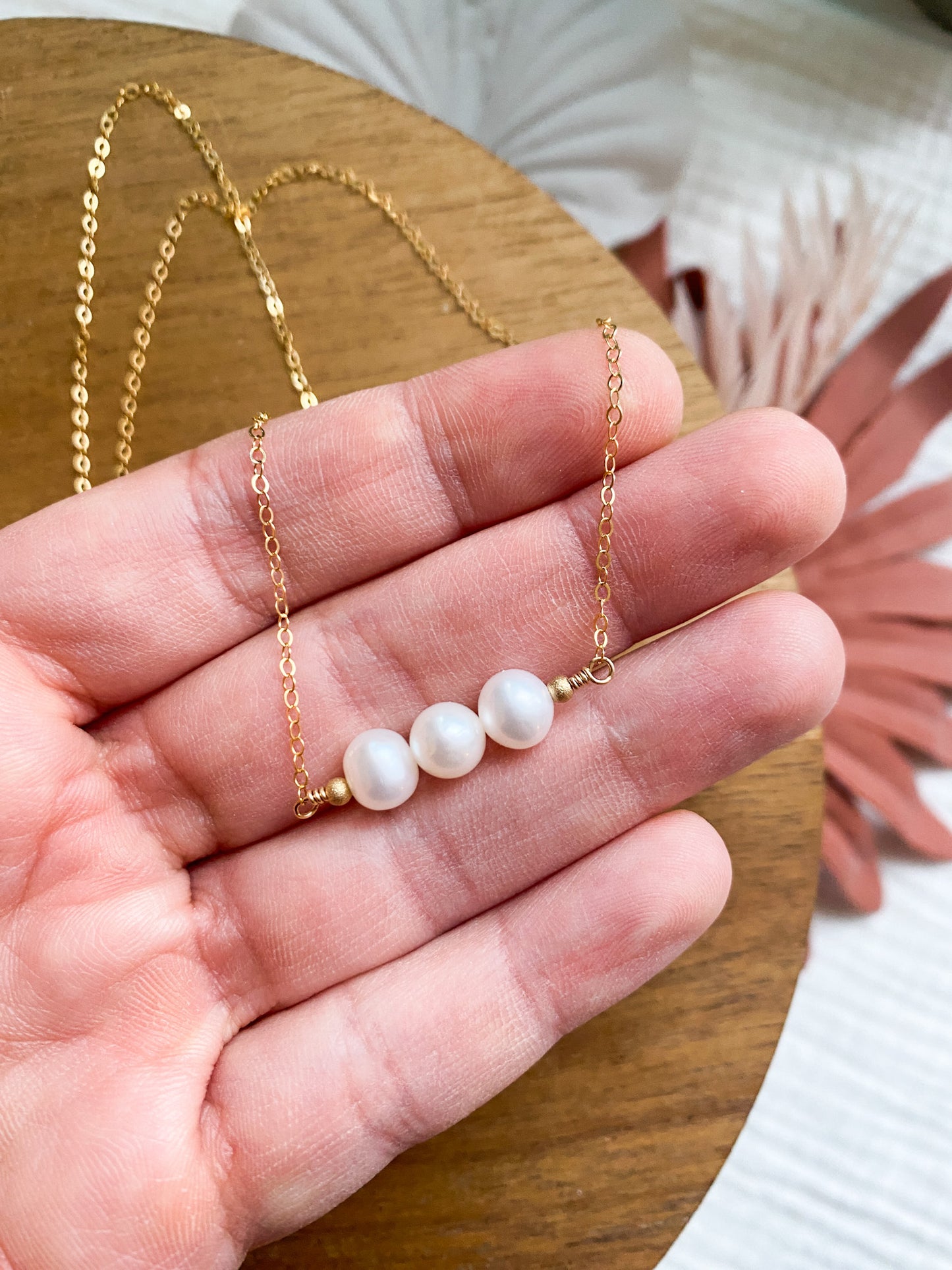 3 Horizontal Pearl Necklace | Golf Fill Accent Beads | Freshwater Pearls |  Gold Fill Necklace | 18 Inch Chain