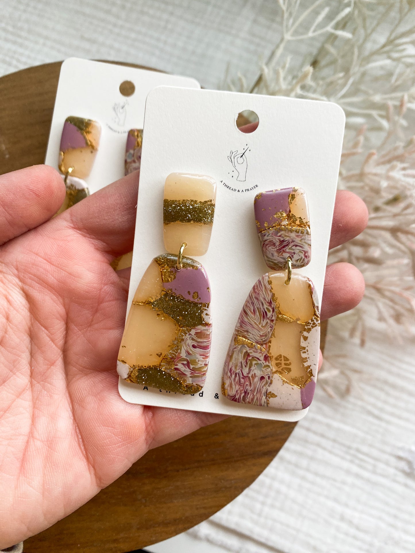 Lilac and Gold Foil Spring Style Clay Earrings | Marble Earrings | Everyday Wear  | Lightweight