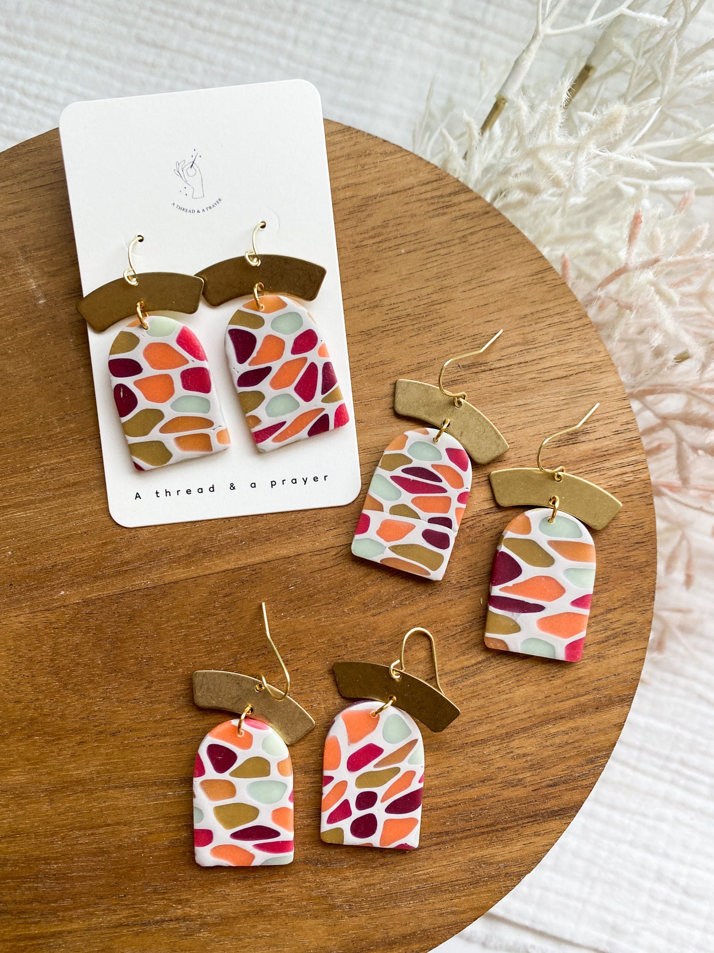 Dainty Spring Stained Glass Clay Earrings | Polymer Clay and Brass Accent | Lightweight Earrings