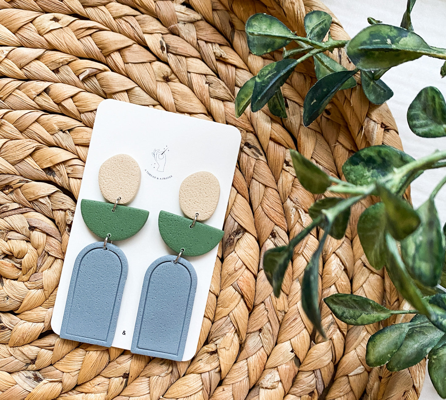 Textured Stone Blue, Green and Ivory Clay Earrings | Polymer Clay | Handmade | Neutral | Dangle | Spring Earrings | Organic Shape