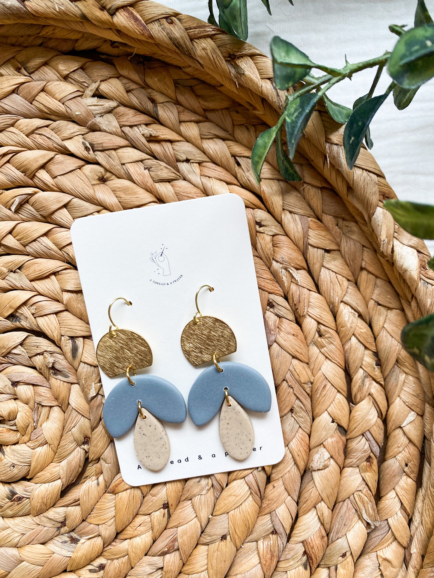 Spring Style Blue and Ivory Clay Earrings | Brass Accents | Gold Accents | Dangle Earrings | Everyday Wear  | Lightweight