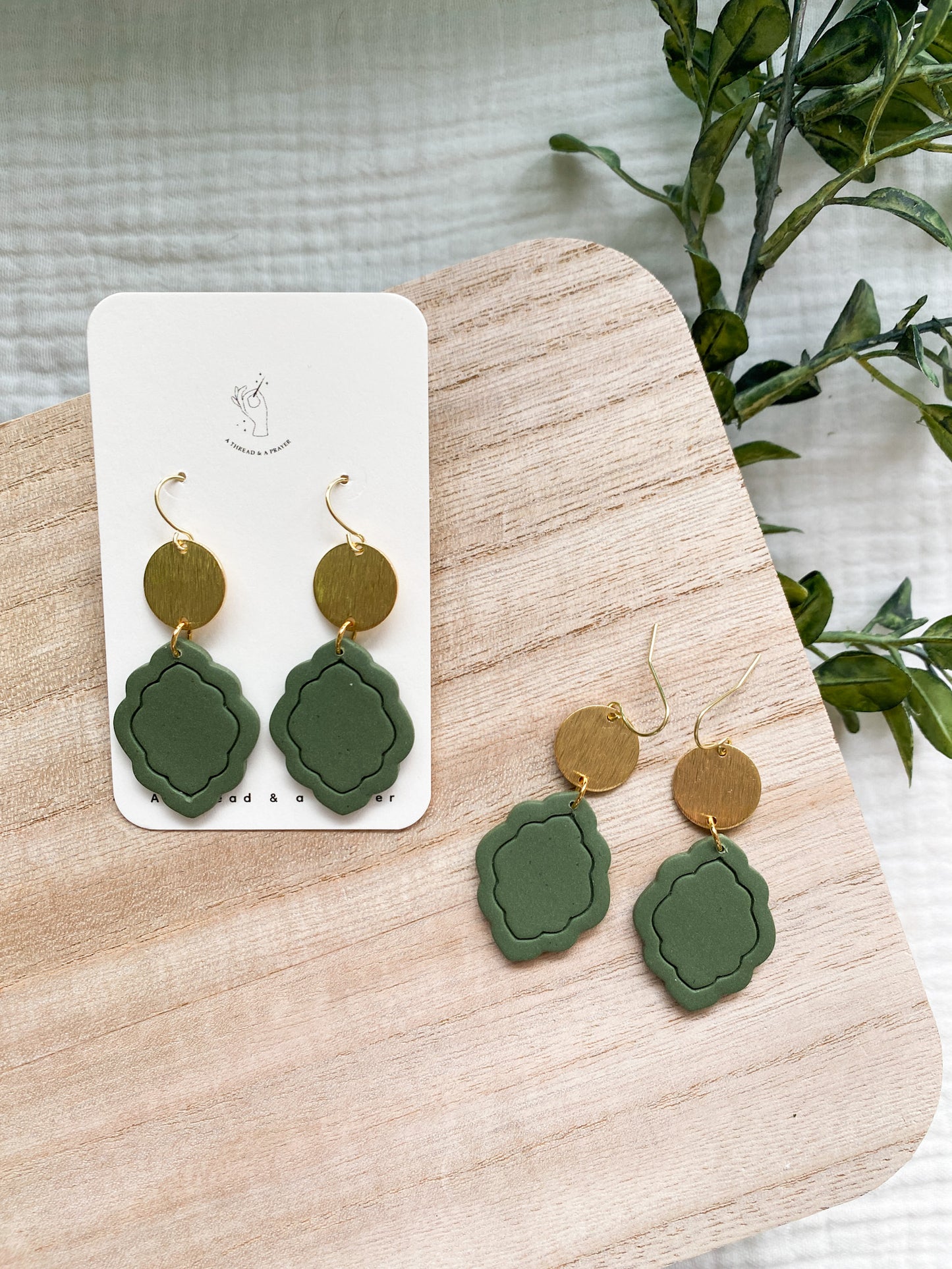 Spring Style Green Clay an Brass Earrings | Olive Green | Polymer Clay and Brass Accent | Lightweight Earrings