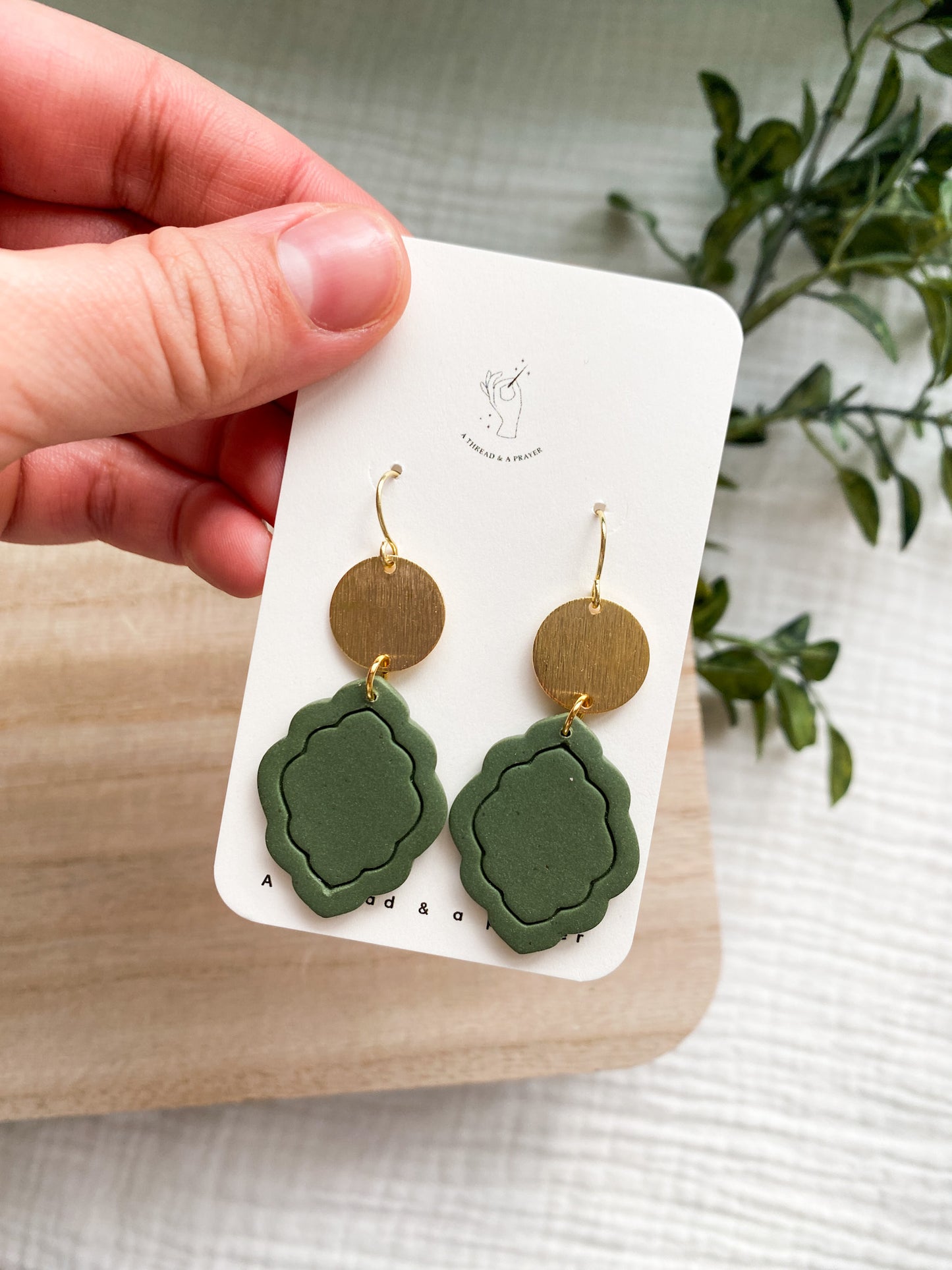 Spring Style Green Clay an Brass Earrings | Olive Green | Polymer Clay and Brass Accent | Lightweight Earrings