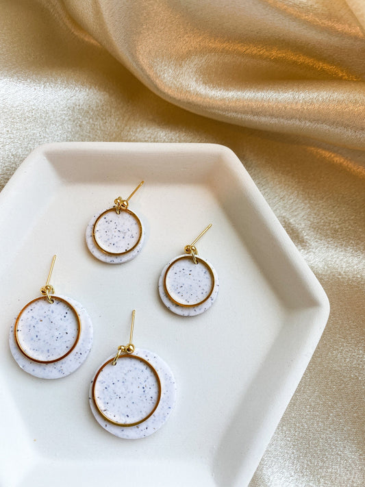 Gold and Speckled White Stud Earrings |  Polymer Clay | Metal Circles | 18kt Gold Plated Studs | Fancy Earrings | Everyday Wear