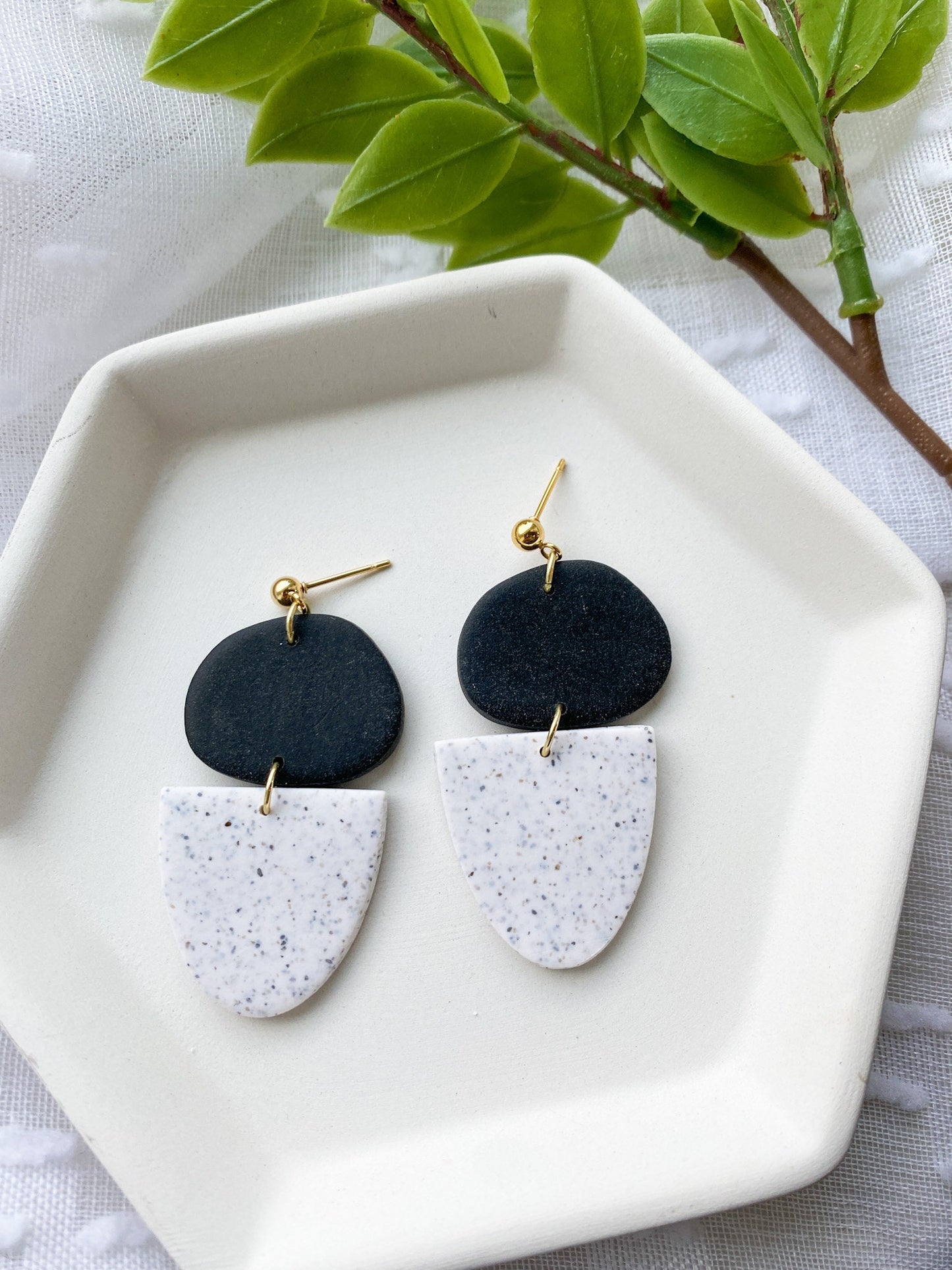 Speckled White and Black Fancy Dangle Earrings |  Polymer Clay | 18kt Gold Plated Ball Posts | Fancy Earrings | Everyday Wear | Neutral
