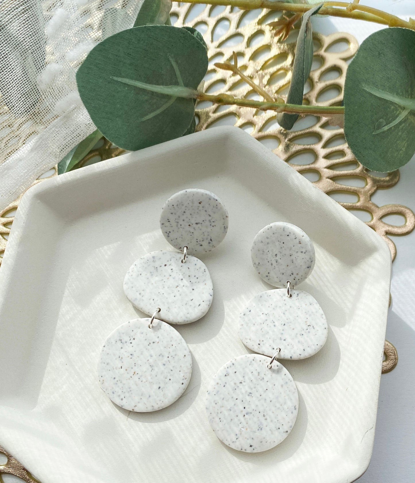 Speckled White Oversized Unique Earrings | Polymer Clay | Handmade | Neutral | Dangle | Hypoallergenic | Summer | Bridal | Organic Shape