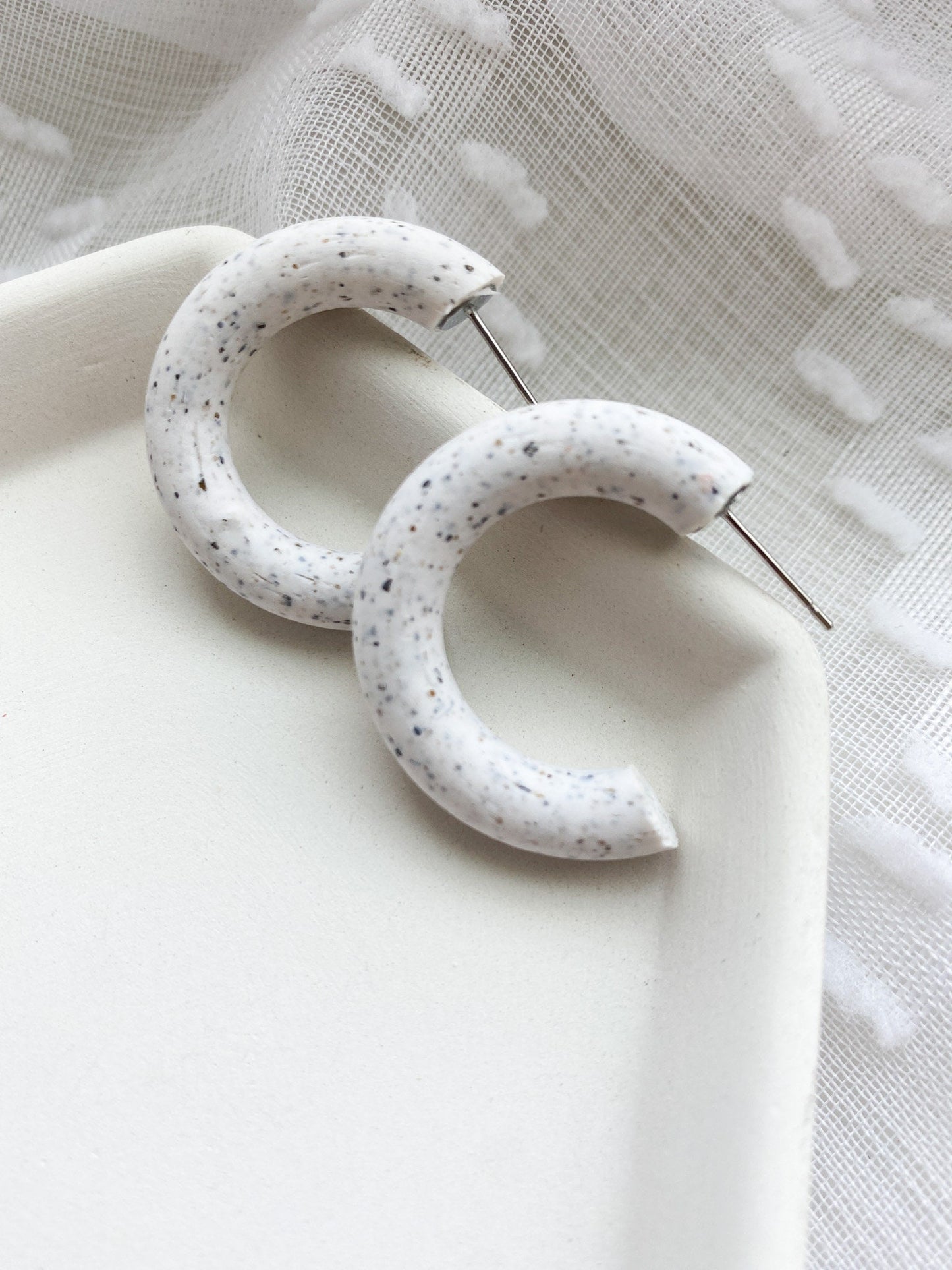 Medium Neutral Colored Earring Huggies |  Matte Black | Speckled White | Polymer Clay | Handmade | Trendy | Unique | Hypoallergenic | Hoops