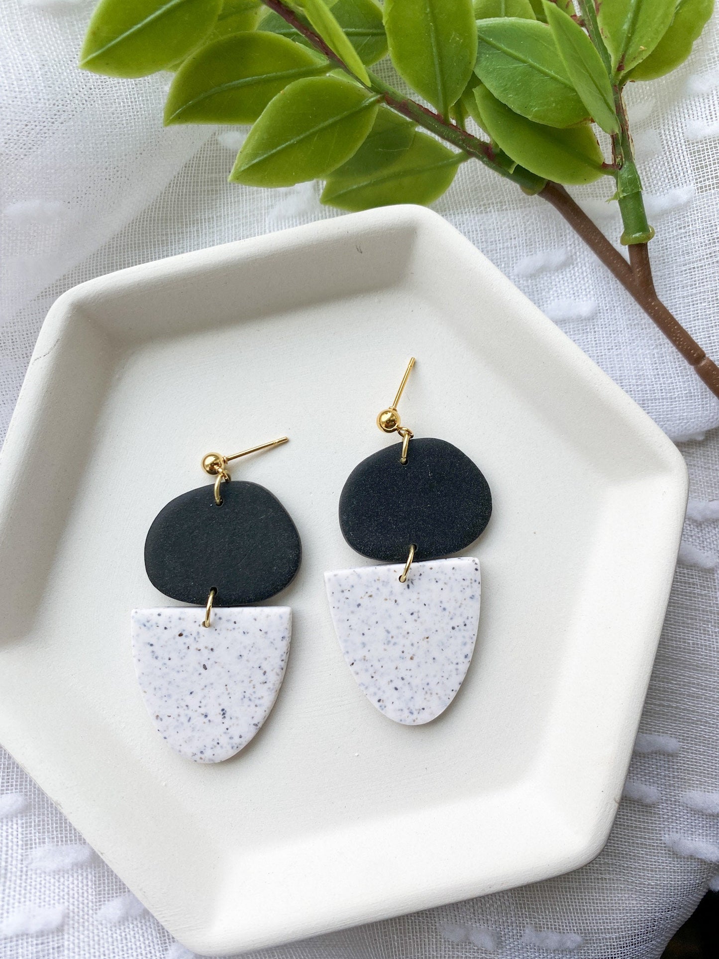 Speckled White and Black Fancy Dangle Earrings |  Polymer Clay | 18kt Gold Plated Ball Posts | Fancy Earrings | Everyday Wear | Neutral