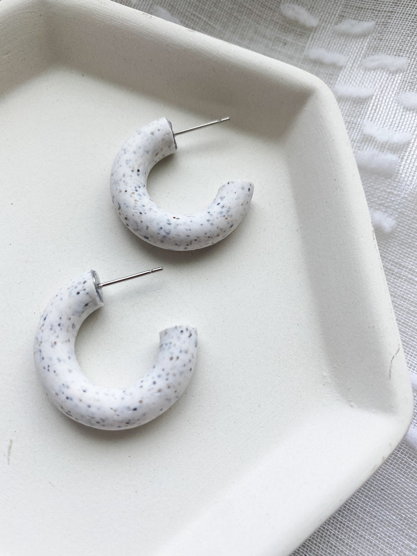 Small Speckled White or Matte Black Huggie Earrings | Polymer Clay | Handmade | Trendy | Unique Earrings | Hypoallergenic | Hoops