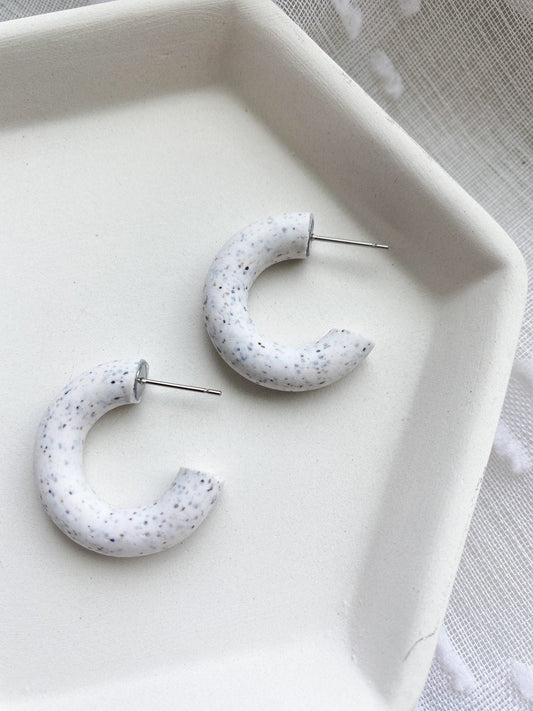 Small Speckled White or Matte Black Huggie Earrings | Polymer Clay | Handmade | Trendy | Unique Earrings | Hypoallergenic | Hoops