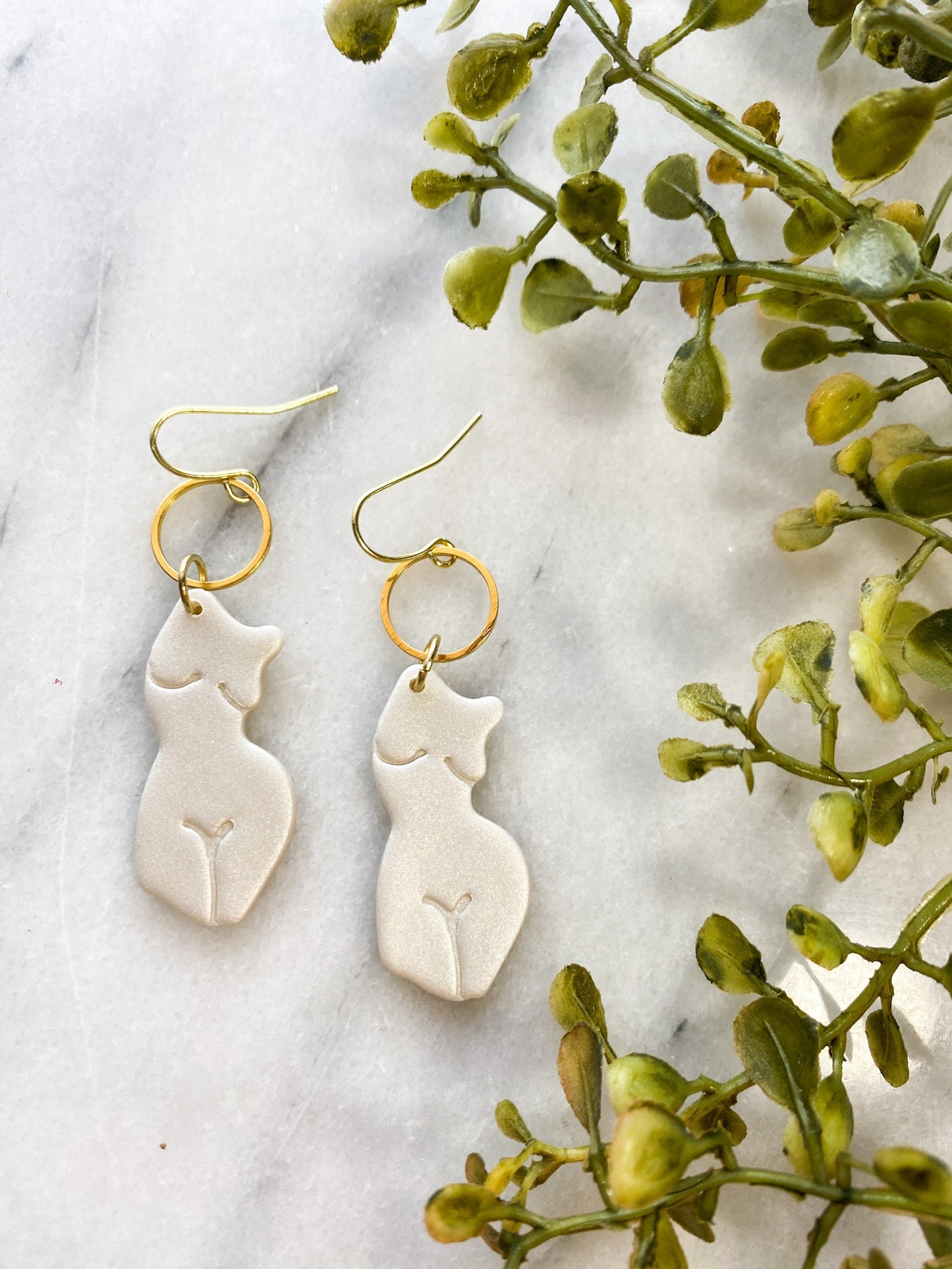 Pearly White Goddess Clay Earrings | Metal Circle Accent | Hypoallergenic | Valentines | Lightweight | Feminine | Gold Plated Fish Hooks