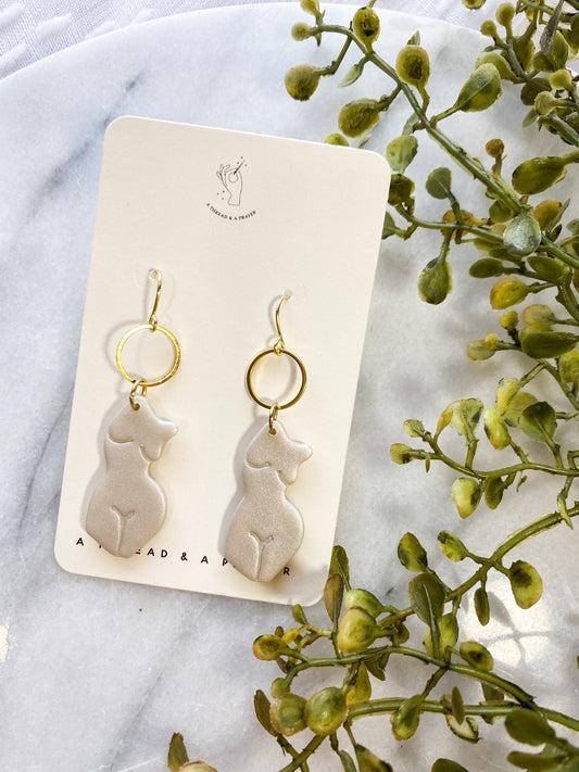 Pearly White Goddess Clay Earrings | Metal Circle Accent | Hypoallergenic | Valentines | Lightweight | Feminine | Gold Plated Fish Hooks