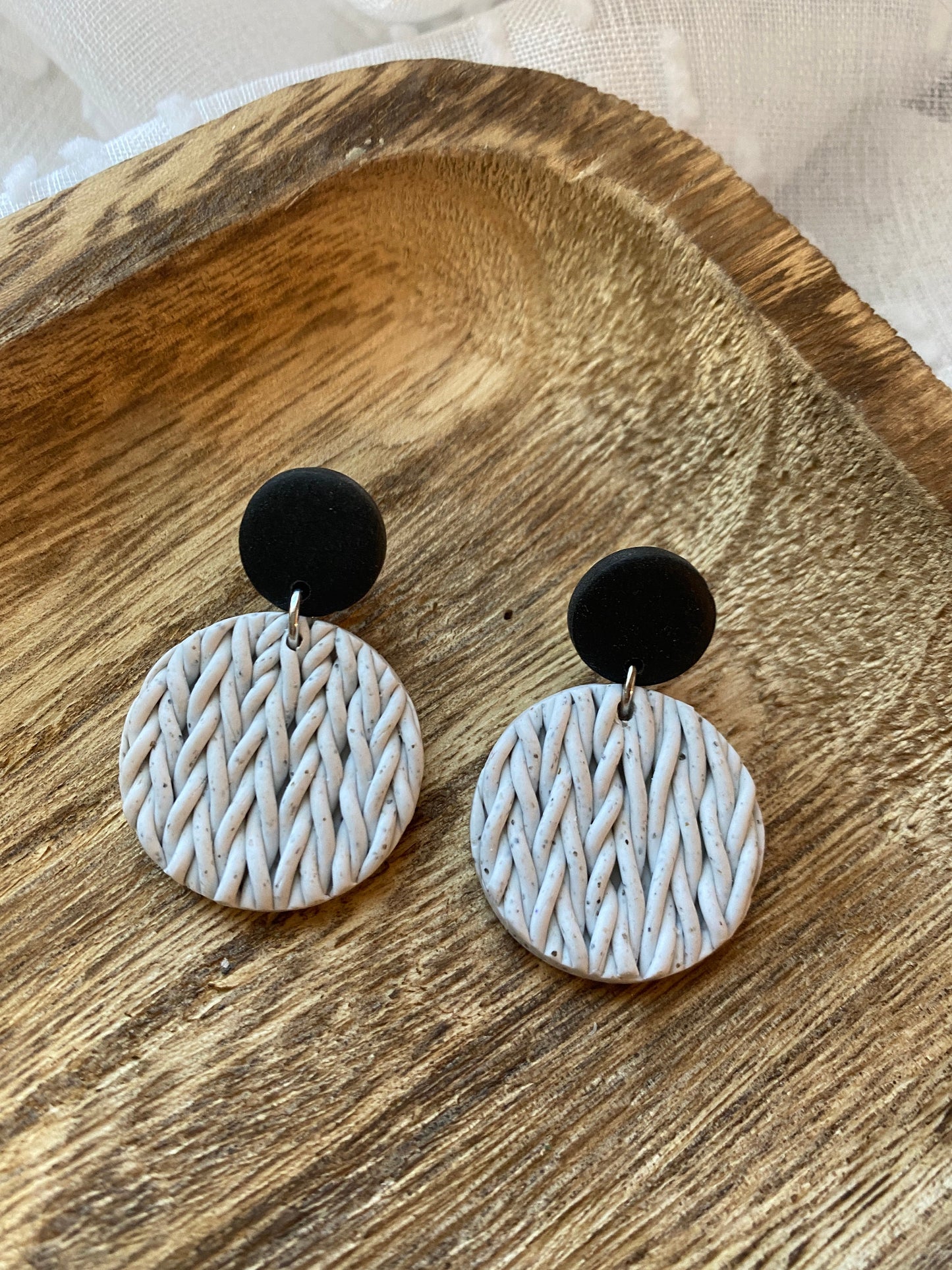 Clay Earrings Handmade | Knitted Speckled White and Black | Polymer Clay | Winter | Small Circle Earring | Knit Style Clay Earrings | Dainty