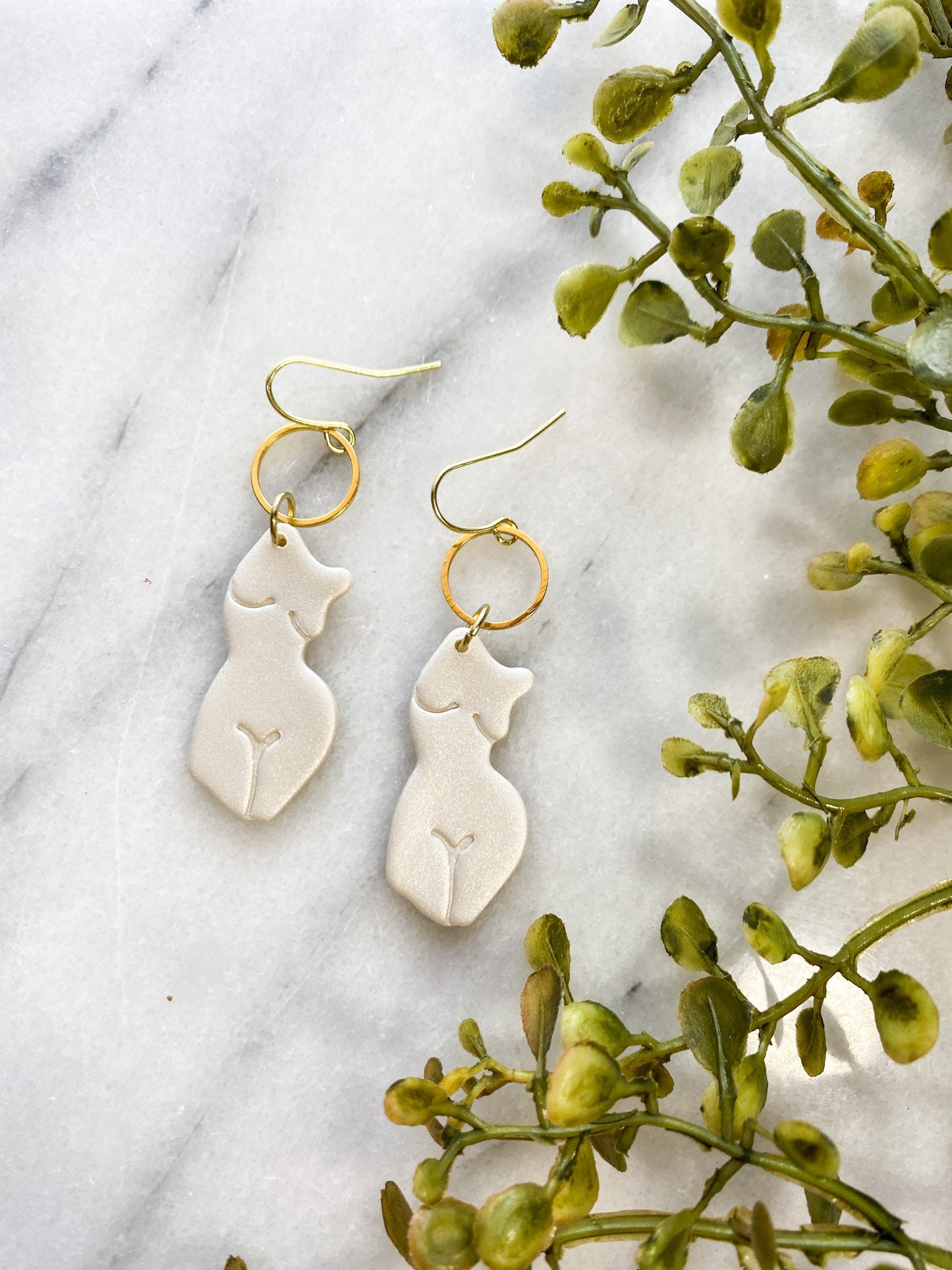 Pearly White Goddess Clay Earrings | Metal Circle Accent | Hypoallergenic | Valentines | Lightweight | Feminine | Gold Plated Fish Hooks