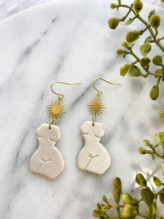 Goddess Clay Earrings | Female Body | Sun Brass Accent | Feminist Earrings | Valentines | Lightweight | Feminine | Romantic Earrings | Gals