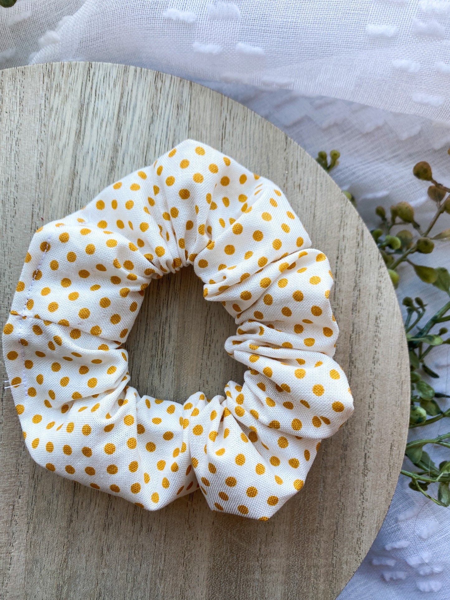 Spring Hair Scrunchy | Stretchy Hair Tie | Cute Fabric Accessory | Dot Fabric | Yellow Polka Dots | Vintage Flowers | 100% Cotton